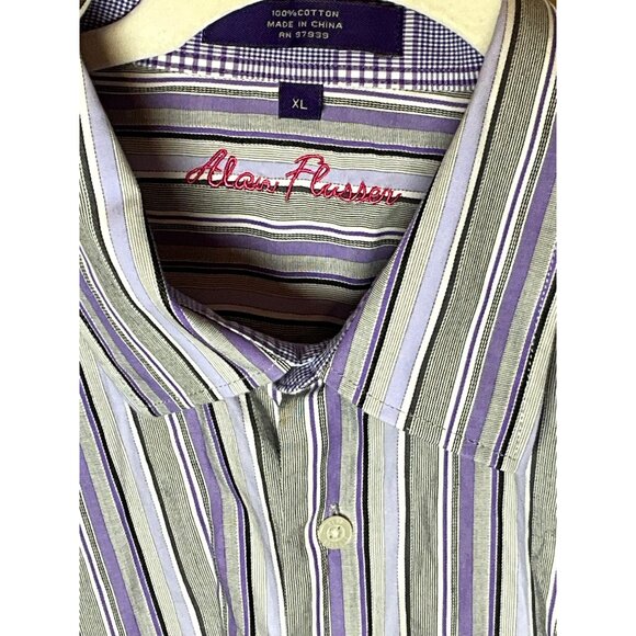 Alan Flusser XL Purple/White/Gray Striped Button Up Shirt‎ Contrasting Sleeves - Picture 3 of 5